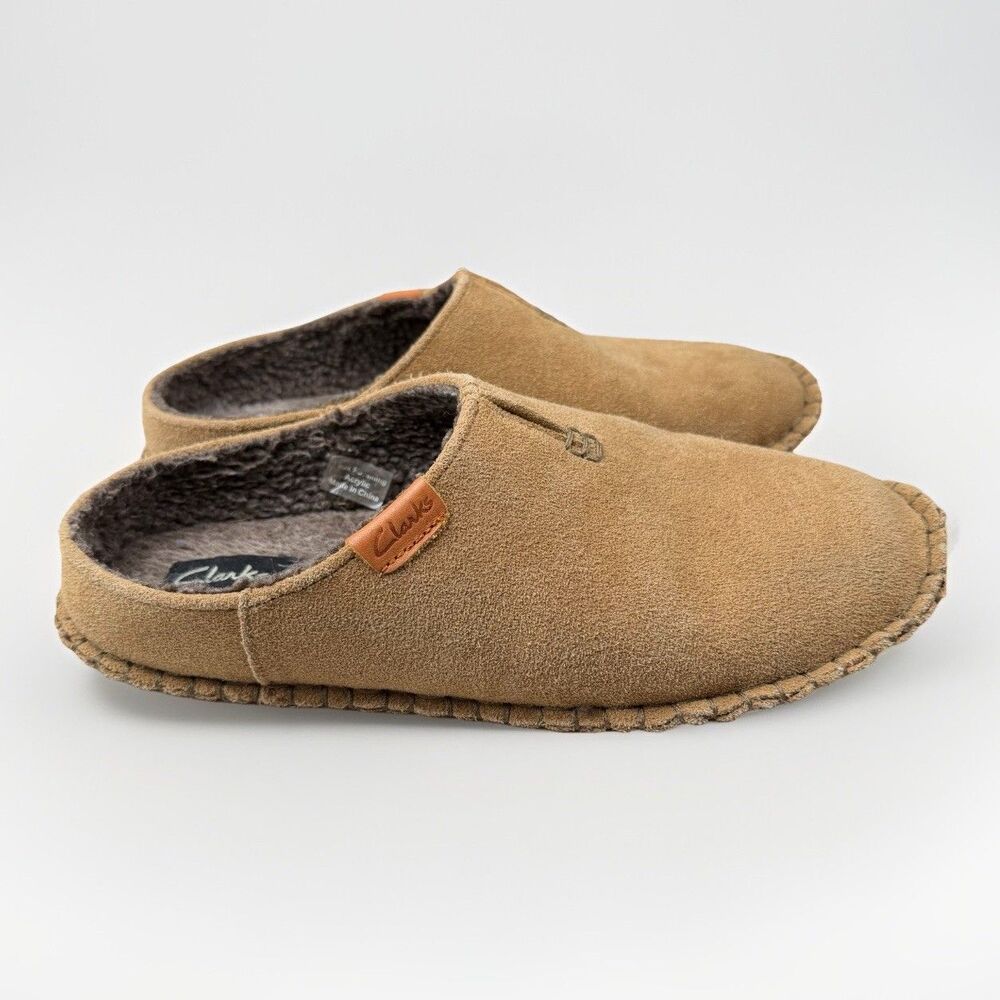 Clarks Mens 11M Camel Suede Open‎ Back Sherpa Lined Slippers